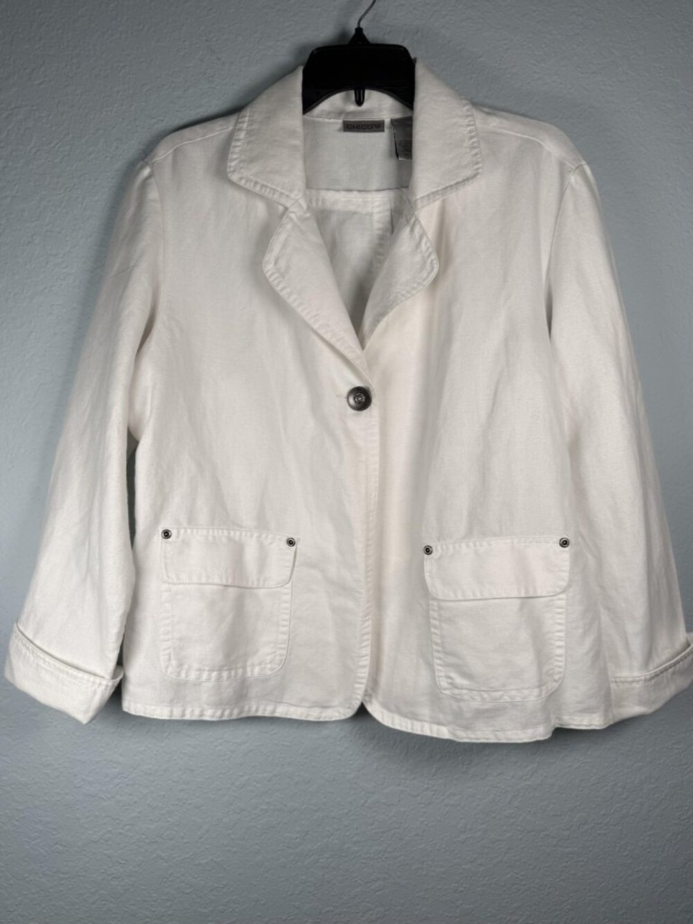 Chicos White Ramie Cotton Twill Blazer Jacket Womens 2 (L) Belted Back Casual